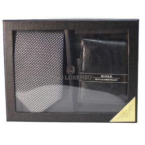 Traditional black and white woven tie and bi-fold black leather wallet